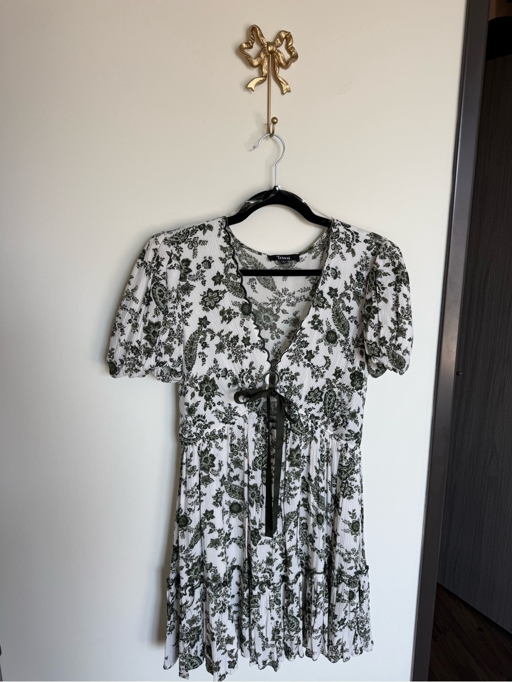 Floral Tie-Front White & Olive Green Mini Dress